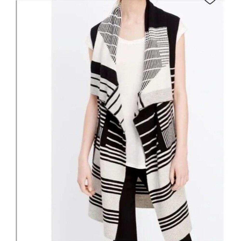 Vince Black and Cream Striped Draped Knit Vest